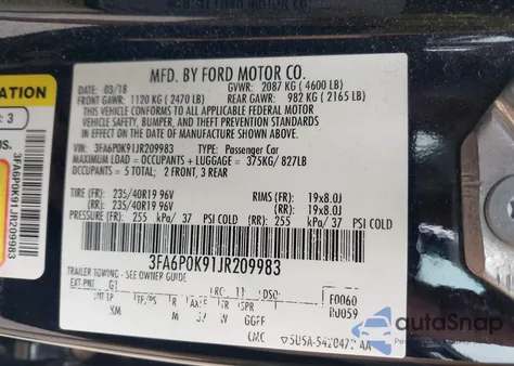2018 Ford Fusion Titanium z USA, uszkodzony, nr VIN 3FA6P0K91JR209983